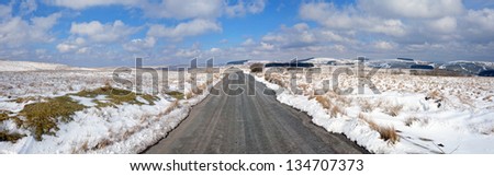 Country Road winter snow panorama, Mynydd Epynt, Wales UK
