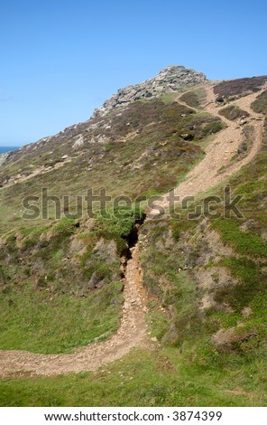 Steep path to the summit above Chapel Porth, Cornwall, UK.