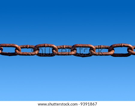 Rusty metal chain links and a blue sky.