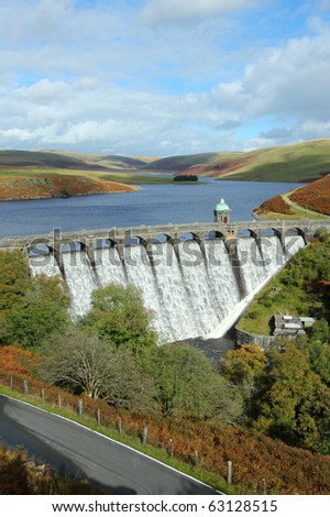 Craig Goch reservoir with water overflowing, Elan Valley, Wales.