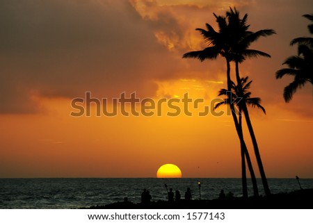 Tropical summer sunset with palm trees and people silhouettes in the foreground