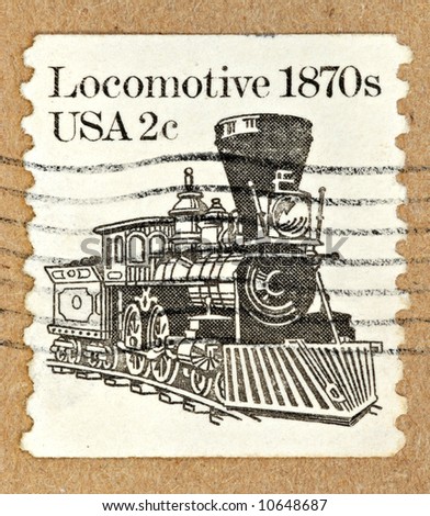 A .02 cent U.S. stamp with a locomotive on the face.
