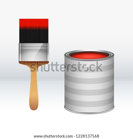 Cartoon red paint bucket with striped pattern and paint brush. Vector illustration of isolated on white tools for renovation