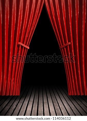 Rendering 3D red velvet theater curtains and Wood floor