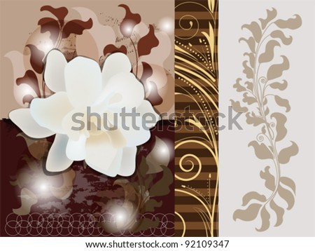 EPS 10 vector  - artistic panel with big gardenia flower and isolated baroque branches - All elements are on separate layers - easily editable