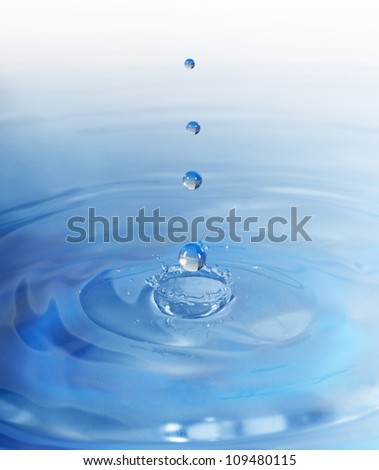 Drop falling in water. High-speed shooting, a blue background
