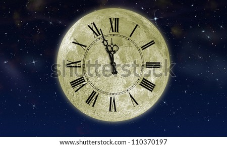 The moon with arrow clock in the star sky. Concept eve of New year