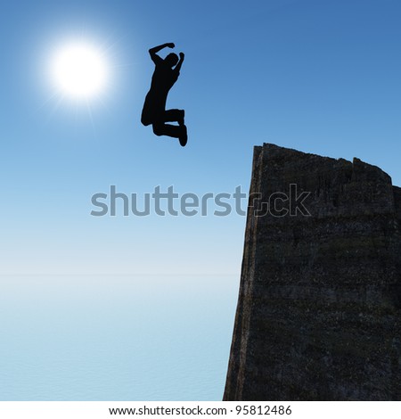 Silhouette of the jumping man from a rock. A shining sun with beams