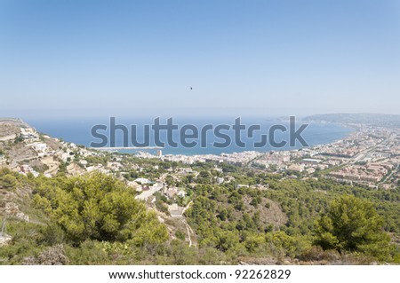Views of Javea town from Montgo Massif. Javea is a coastal town located in the comarca of Marina Alta, in the province of Alicante, Spain, by the Mediterranean Sea.