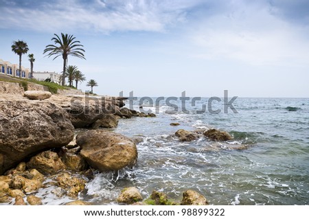 Mediterranean coastline at Santa Pola town, Alicante, Spain. It is a coastal town located in the comarca of Baix Vinalopo, in the Valencian Community, Alicante, Spain, by the Mediterranean Sea.