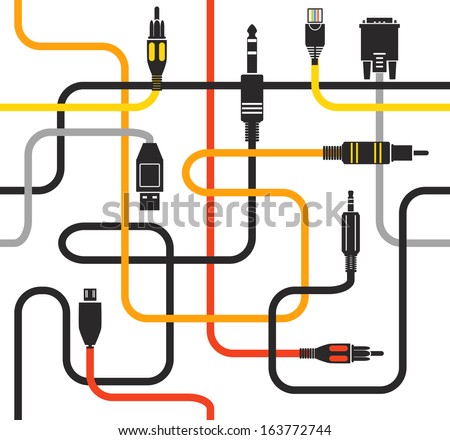 Different modern connection plugs and wires. Seamless background