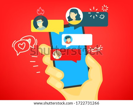 Humans hand with modern smartphone. Chat concept. Flat illustration with doodle elements
