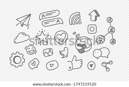 Vector hand drawn doodle style elements isolated on transparent background. Social media elements