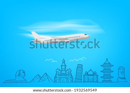 Flying airplane with doodling style famous sights. Vacation concept