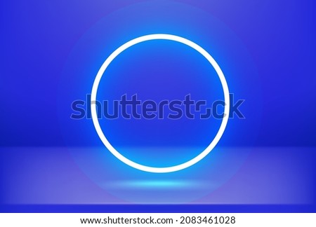 Illuminated blue room with round neon light. Realistic vector 3d illustration