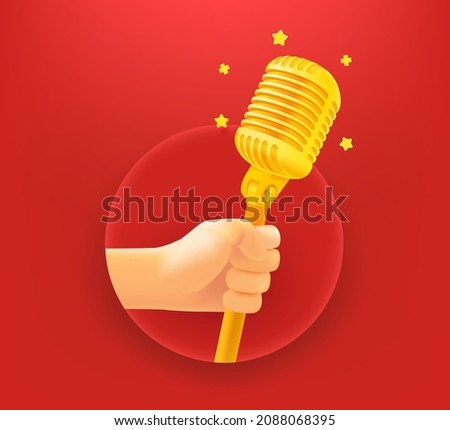 Artist holding golden microphone in a hand. 3d vector illustration 


