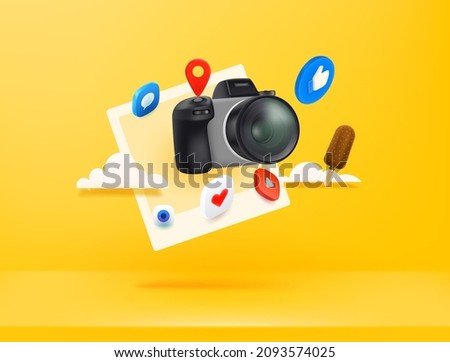 Share vacation photos concept. 3d style vector illustration