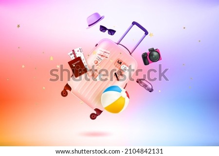 Modern bag with different travel stuff. Levitation effect. 3d vector illustration