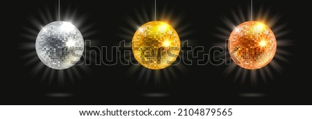 Bright glowing disco balls set isolated on black background. Vector 3d illustration
