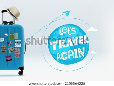 Travel concept with suitcase and logo. 3d vector banner with copy space for a text