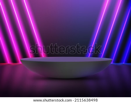 Dark room with purple and blue diagonal neon and podium. 3d vector showcase with copy space