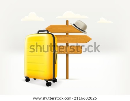World travel concept with pointer and handbag. 3d vector illustration 