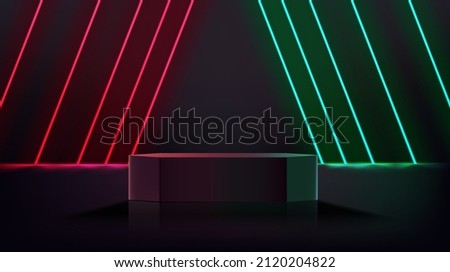 Dark room with red and green diagonal neons and pedestal. 3d vector showcase with copy space