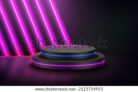 Dark room with vioolet diagonal neon and circle podium. 3d vector showcase with copy space