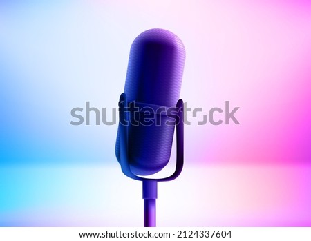 Modern microphone with holographic effect. Broadcasting concept. 3d vector illustration