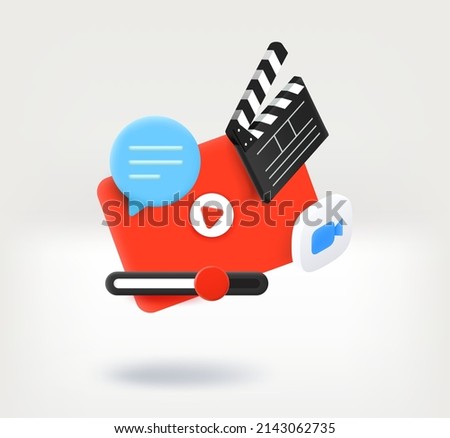 Making video project concept with clap, movie player, chat cloud and camera icon. 3d vector illustration