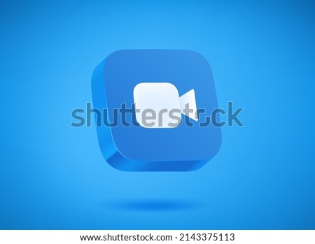 Blue video app icon on blue background. 3d vector illustration