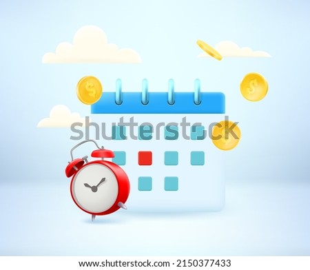 Business agenda concept with calendar and clock. 3d vector illustration