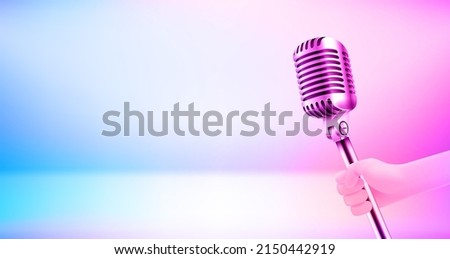 Modern microphone with holographic effect. Interview concept. 3d vector banner with copy space