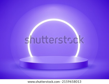 Dark blue room with circle neon light and podium. 3d vector showcase for display products
