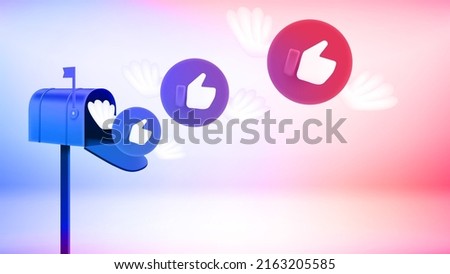 Thumbs up icons flying to the mail box. 3d vector banner with copy space