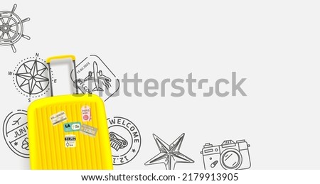 Travel banner with yellow bag, doodle elements and copy space. Vector illustration 