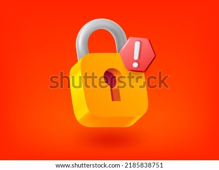Metal lock with exclamation point pictogram. Vector 3d illustration