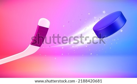 Flying hockey puck with the stick. 3d vector illustration

