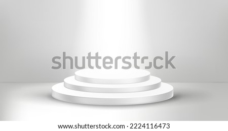White empty stage with round showcase and bright projector. 3d vector illustration
