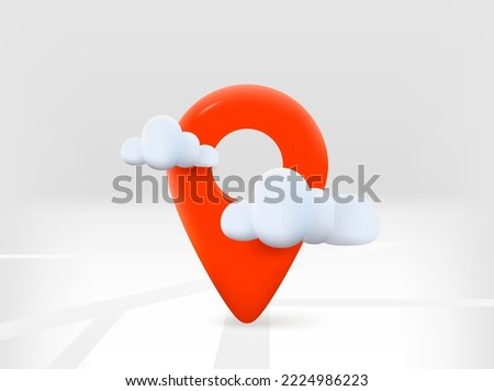 Red navigation pin with road map and clouds. 3d vector isolated illustration