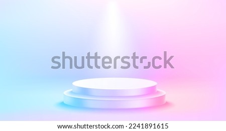 Illuminated white interior with bright spotlights. 3d vector illustration
Empty studio with podium. Vector show cse template for a product design. Vector 3d illustration
