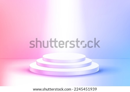 Vivid empty stage with round showcase and bright projector. 3d vector illustration