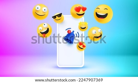 Modern smartphone with emojis. New messages concept. Vector 3d banner 