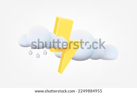 Thunderbolt with rain clouds weather concept. Forecast 3d vector illustration isolated on white background
