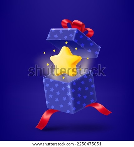 Open gift box with golden star. 3d vector illustration