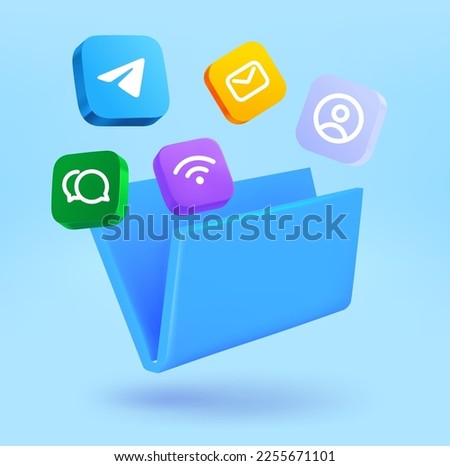 Open folder with apps icons. 3d vector illustration