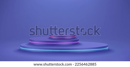 Violet interior with three circle platforms. Showcase for product. Vector 3d illustration