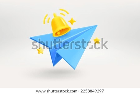 Green envolope, golden dell and blue plane. Sending or receiving a new message concept. 3d vector illustration