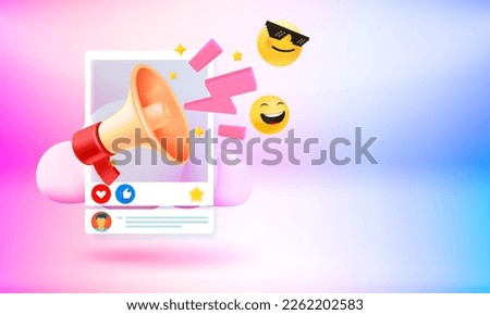 Yellow megaphone with social media announce. 3d vector banner with copy space