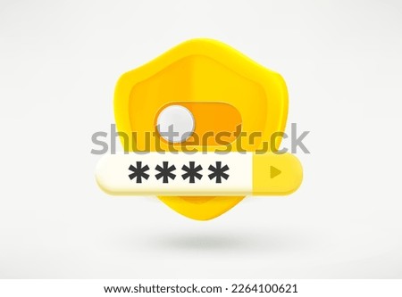 Golden shield with on off selector. Authorization concept. 3d vector illustration
